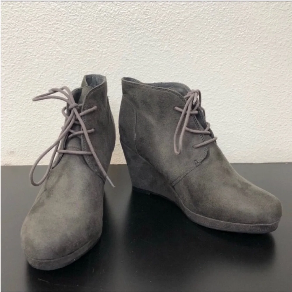Dark Gray Faux Suede Lace Up Wedge Boots